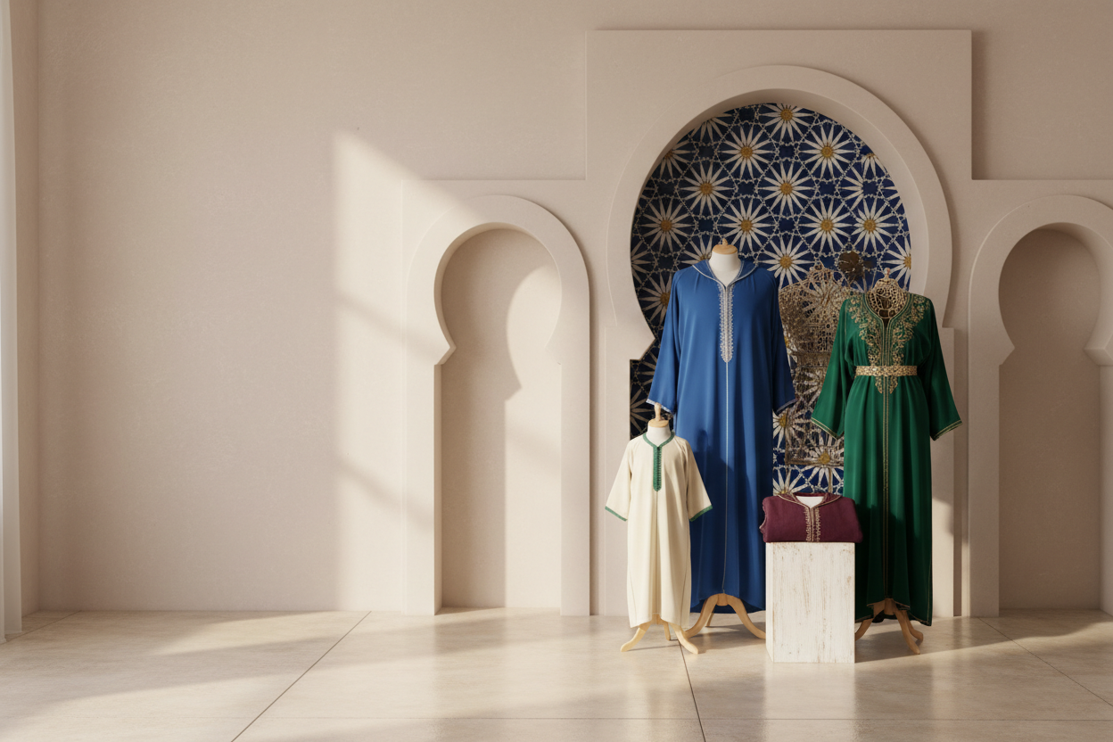Draw a simple and minimalistic Hero image of a Islamic Clothing Wholesale store. It should look like a Traditional Moroccan style. The products are Moroccan Gandouras, Djellabas for Men, Women and Children